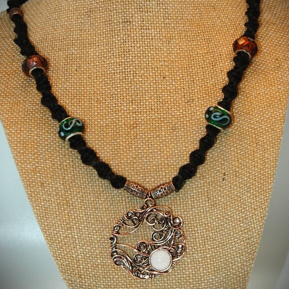 Art Nouveau Copper Toned Elegant Moon on a 21 3/4" Black Handmade Hemp Chain - Picture 1 of 6